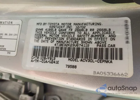 2003 Toyota Camry Le from USA, damaged, VIN 4T1BE32K23U674119